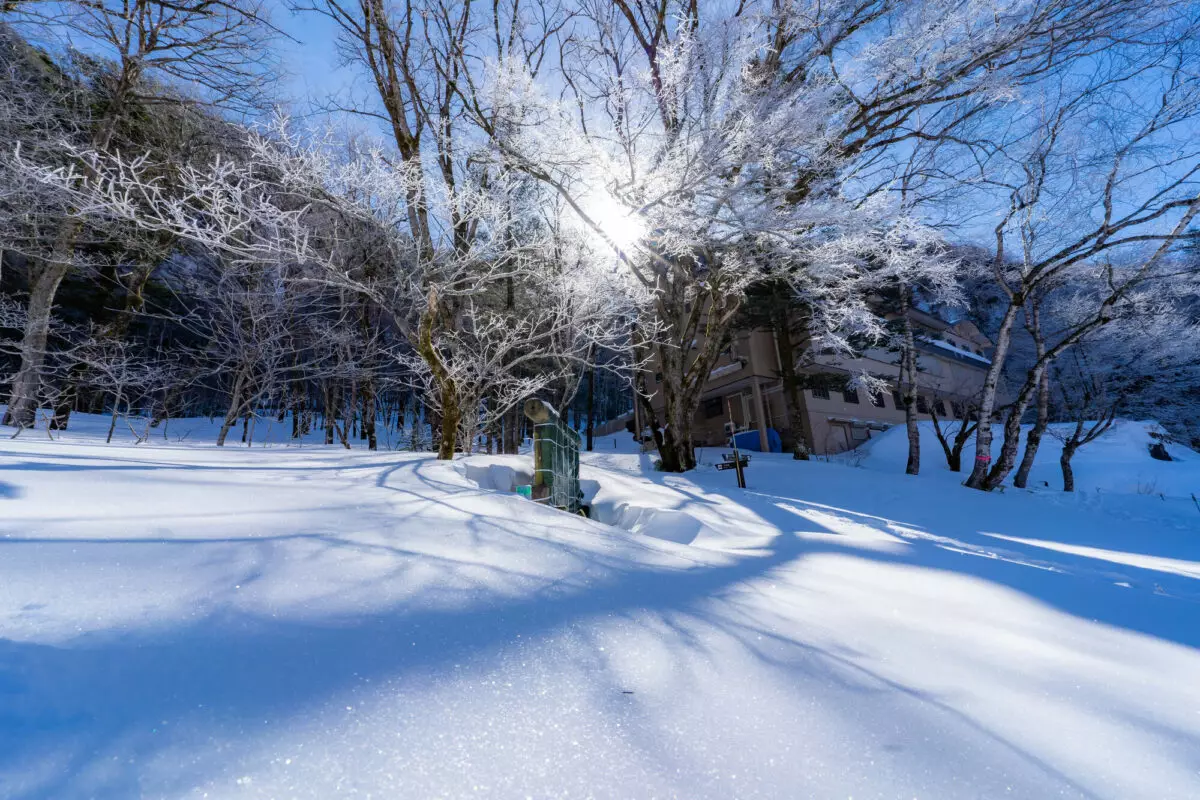 冬の上高地の風景　霧氷と青空【長野県】